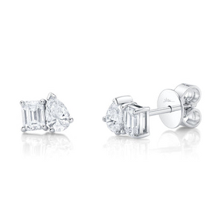 Emerald Cut And Pear Shape Diamond Stud Earrings