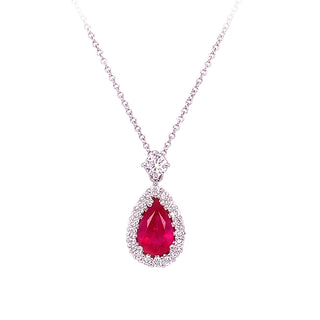 PLATINUM PEAR RUBY HALO PENDANT