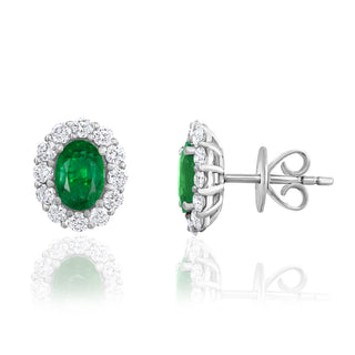 Emerald Oval And Diamond Halo Studs