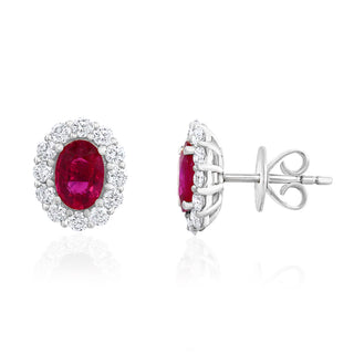 Ruby Oval And Diamond Halo Studs