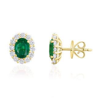Emerald Oval And Diamond Halo Studs