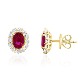 Ruby Oval And Diamond Halo Studs