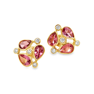 Pink Tourmaline & Diamond Cluster Stud Earrings