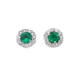 18KW ROUND EMERALD HALO STUDS